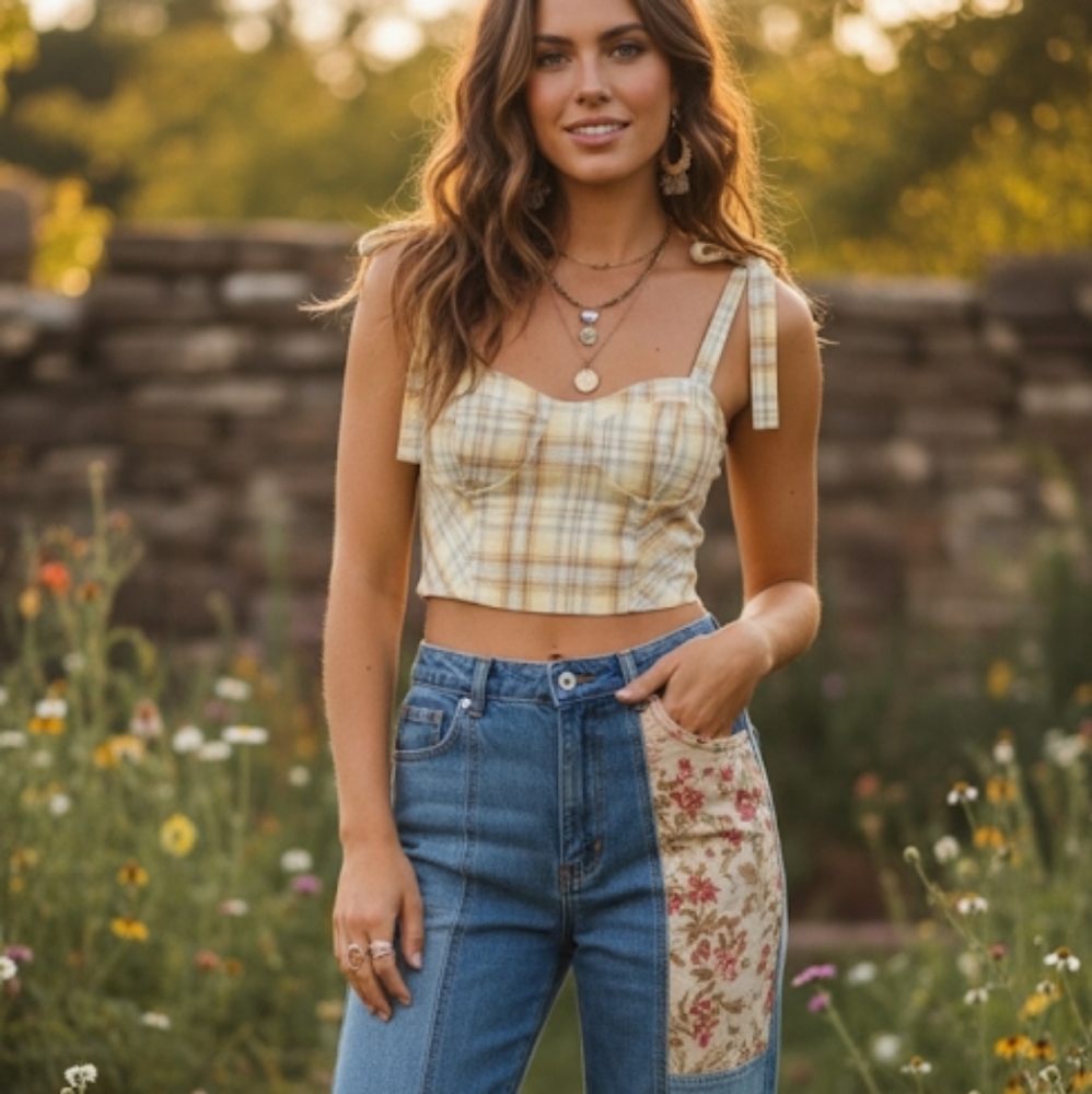 Kirious LA Plaid Smocked Tie Shoulder Crop Top Size S